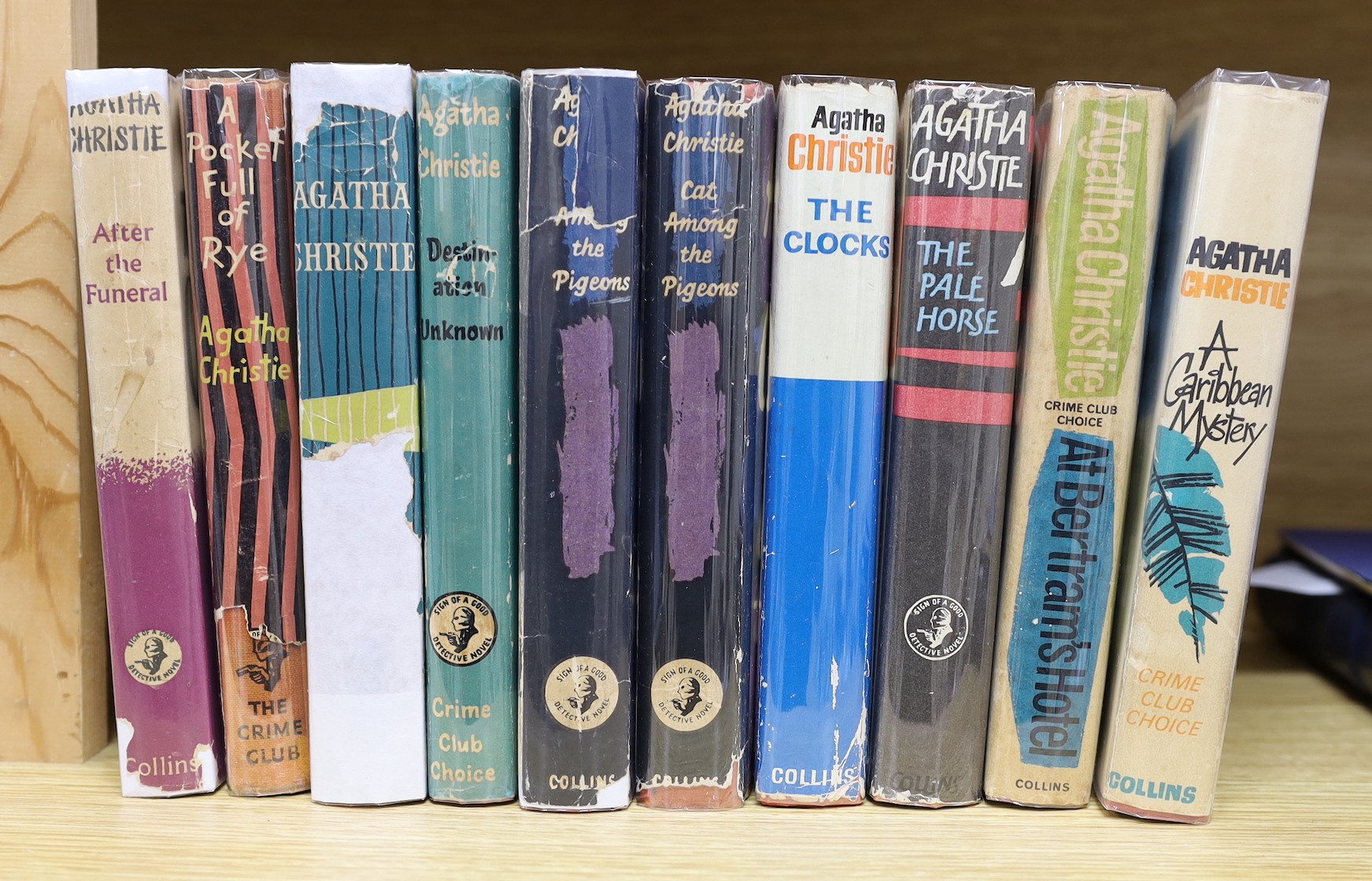 Christie, Agatha - 10 first editions, all with d/j’s - After the Funeral, 1953; A Pocket Full of Rye, 1953; Destination Unknown, 1954; Dead Man’s Folly, spine d/j with 50% loss, 1956; Cat Among the Pigeons, 1959, (2 copi